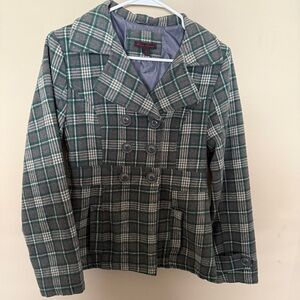 Black Lipstick Plaid Peacoat Wool Blend Green Gray Double Breasted Jacket M